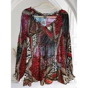 KATE MALLORY Women's V-Neck Long Sleeve Animal Print Chiffon Blouse Top BOHO
